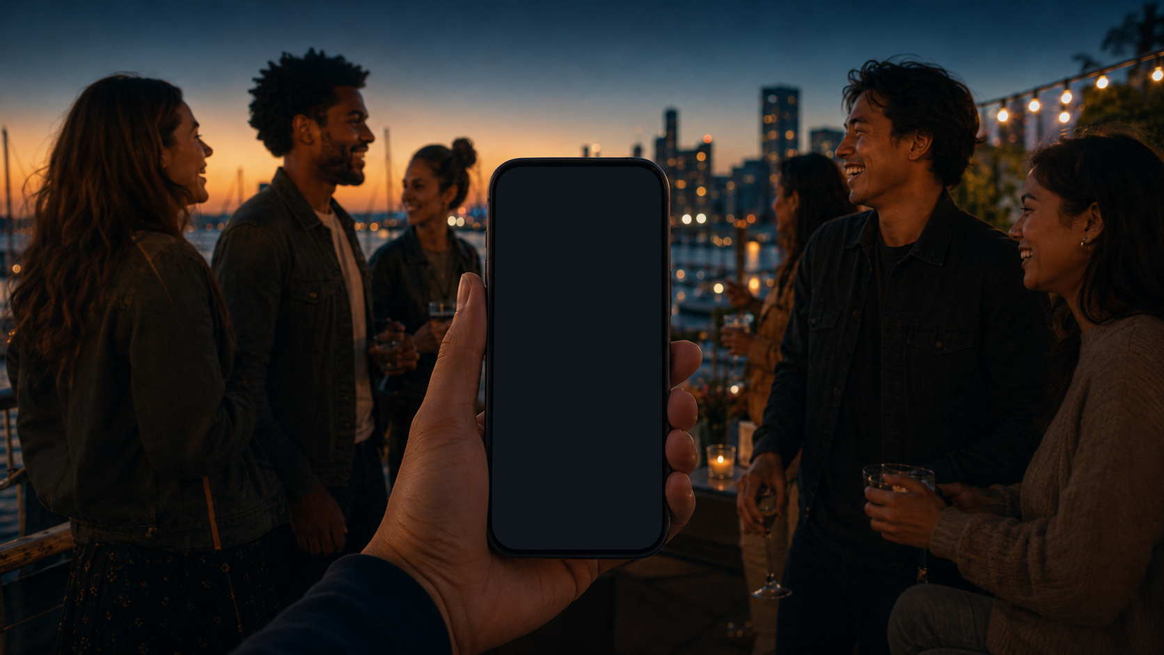 Friends at a rooftop harbor party at dusk